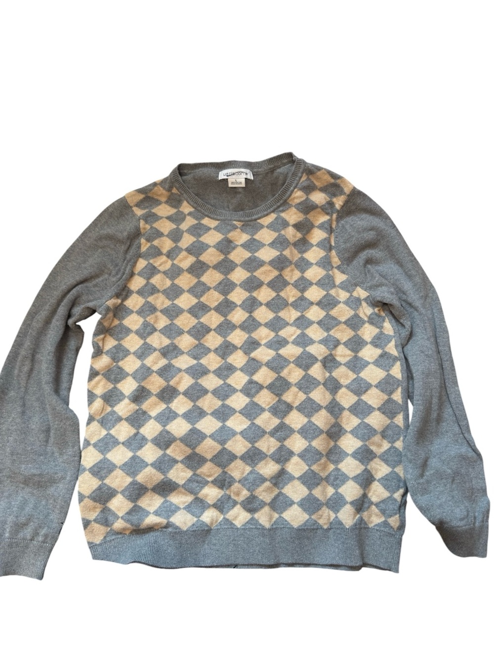 Vintage Liz Claiborne 100% Cotton Gray and Cream Argyle Crewneck Sweater
